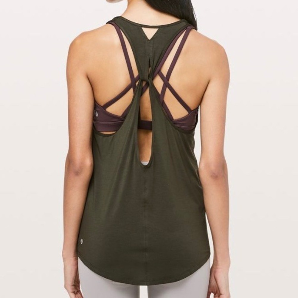Lululemon More Movement Tank Dark Olive Green Open Back Twist Racerback Yoga Top